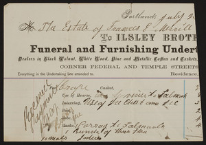 Billhead for Ilsley Brothers, funeral and furnishing undertakers, corner Federal and Temple Streets, Portland, Maine, undated