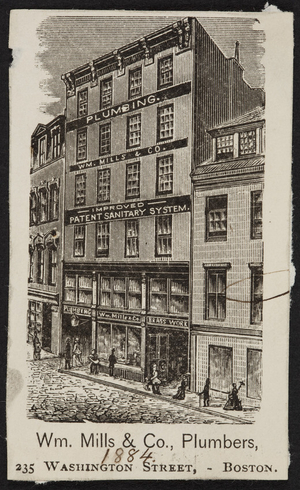 Advertisement for Wm. Mills & Co., plumbers, 235 Washington Street, Boston, Mass., 1884