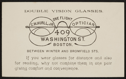 Trade card for C.W. Hurll, Jr., optician, 409 Washington Street between Winter and Bromfield Streets, Boston, Mass., undated