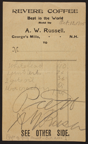 Billhead for A.W. Russell, George's Mills, New Hampshire, dated October 12, 1905