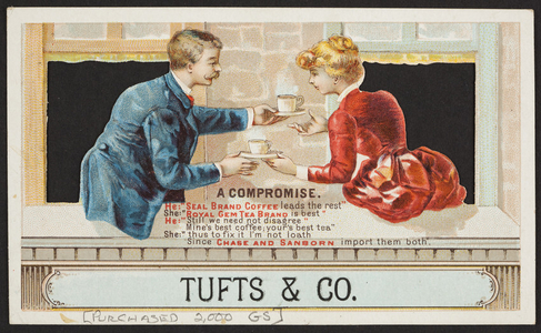 Trade card for Royal Gem Tea, Seal Brand Coffee, Chase and Sanborn, location unknown, undated