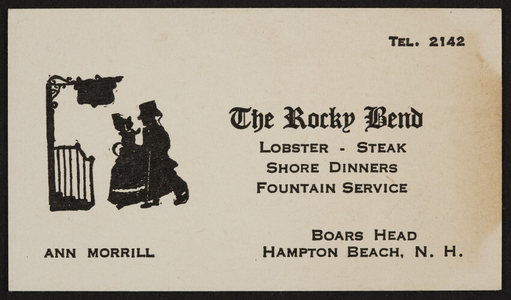 Trade card for The Rocky Bend, restaurant, Boars Head, Hampton Beach, New Hampshire, undated
