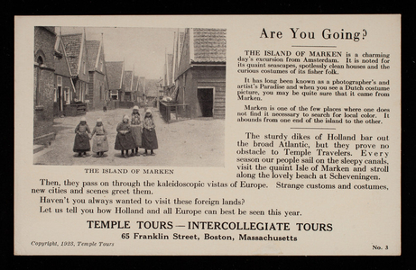 Postcard for Temple Tours, Intercollegiate Tours, 65 Franklin Street, Boston, Mass., 1923