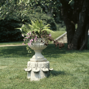 View of planted garden ornament, Codman House, Lincoln, Mass.