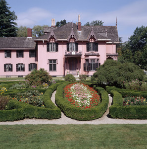 View of south facade and gardens in summer, Roseland Cottage, Woodstock, Conn.
