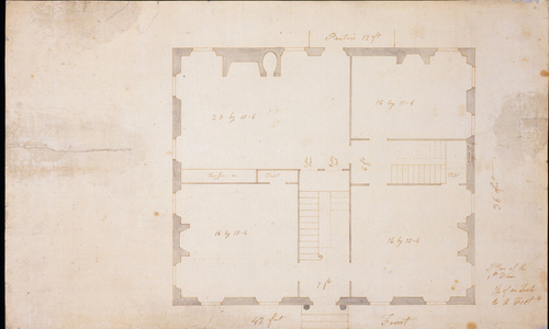 First floor plan of an unidentified house, designed by Samuel McIntire, location unknown, ca. 1802-1805. No. 1