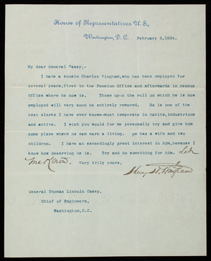 Henry Harrison Bingham to Thomas Lincoln Casey, February 3, 1894