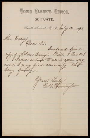 D. H. Remington to Thomas Lincoln Casey, July 12, 1893