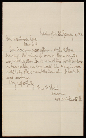 [Theodore] F. Hall to Thomas Lincoln Casey, January 16, 1894