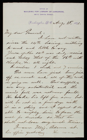 [Bernard R.] Green to Thomas Lincoln Casey, August 18, 1891