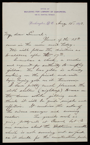 [Bernard. R.] Green to Thomas Lincoln Casey, August 15, 1893