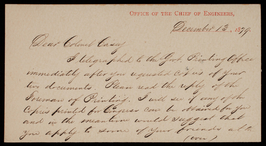[William] J. Warran to Thomas Lincoln Casey, December 13, 1879