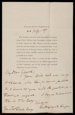 Rutherford B. Hayes to Thomas Lincoln Casey, July 22, 1889