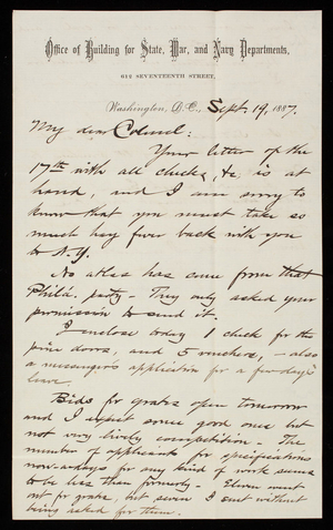 Bernard R. Green to Thomas Lincoln Casey, September 19, 1887
