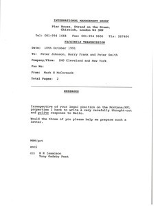 Fax from Mark H. McCormack to Peter Johnson, Barry Frank and Peter Smith