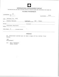 Fax from Gretchen Mayfield to Fumiko Matsuki