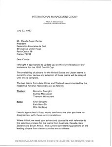 Letter from Mark H. McCormack to Claude-Roger Cartier