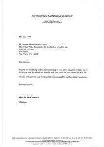 Letter from Mark H. McCormack to Jeanne Moutoussamy-Ashe