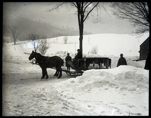 Glass, horse-drawn hearse in the snow