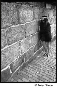 Sarah leaning against a stone wall, Beacon Hill