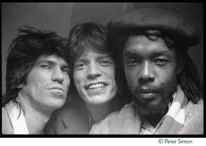 Keith Richards, Mick Jagger, and Peter Tosh (from left) posing before Tosh's performance on Saturday Night Live