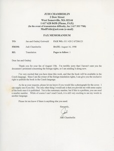 Fax memorandum from Judi Chamberlin to Jan and Ondřej Gottwald