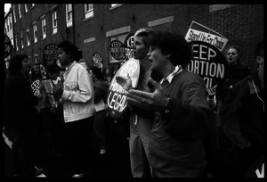 Pro-choice protesters at Planned Parenthood clinic in Providence: demonstrators with 'Keep abortion legal' signs