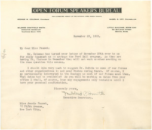 Letter from Open Forum Speakers Bureau to Jessie Fauset