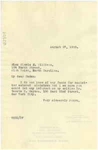 Letter from W. E. B. Du Bois to Minnie M. Williams