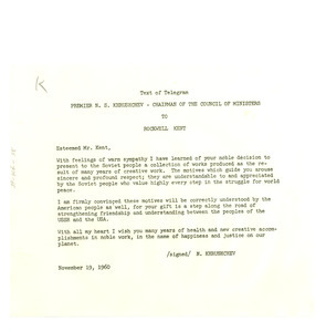 Telegram from Nikita Khrushchev to Rockwell Kent