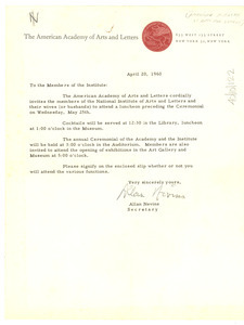 Circular letter from American Academy of Arts and Letters to W. E. B. Du Bois