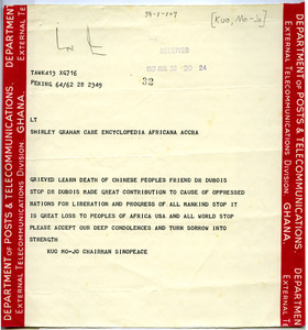 Telegram from Kuo Mo Jo to Shirley Graham