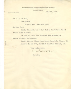 Letter from Northwestern University Medical School to W. E. B. Du Bois