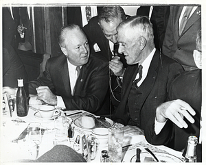 Mayor John F. Collins with Massachusetts Senator Leverett A. Saltonstall and unidentified man holding microphone