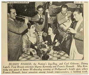 Buddy Fisher, the Nation’s Joy-Boy, and Carl Osborne, Denny Lynch, Treg Brown entertain Myrna Kennedy and Francis Renault