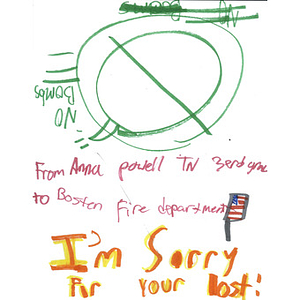 Thank you message addressed to the Boston Fire Department from a third grade student at Powell Elementary School