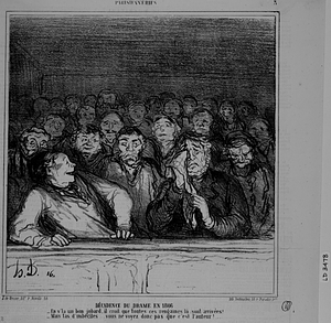 DÉCADENCE DU DRAME EN 1866. - En v'la un bon jobard, il croit que toutes ces rengaines là sont arrivées! - Mais tas d'imbéciles... vous ne voyez donc pas que c'est l'auteur!...