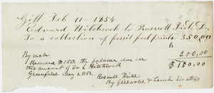 Edward Hitchcock receipt of payment to Roswell Field, 1854 February 11