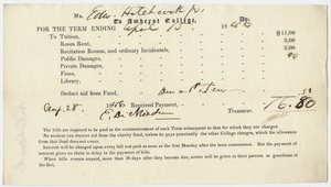 Edward Hitchcock receipt of payment to Amherst College, 1846 August 28