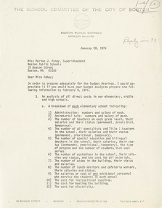 Letters from Kathleen Sullivan, Boston School Committee member, to Marion J. Fahey, Superintendent of Boston Public Schools, January 1976