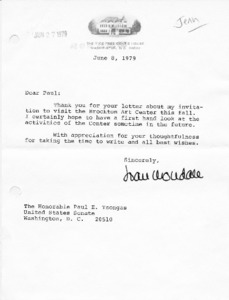 Letter to Paul Tsongas from Joan Mondale about invitation to visit Brockton Art Center
