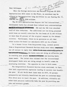 Draft letter to Colleague regarding Foreign Assistance and Related Programs FY 1979 Appropriations Bill