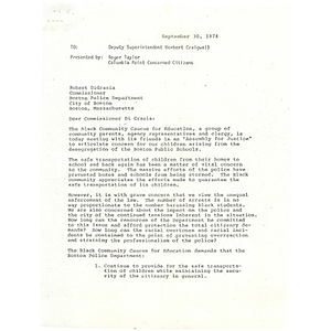 Letter, Commissioner Robert DiGrazia, September 30, 1974.