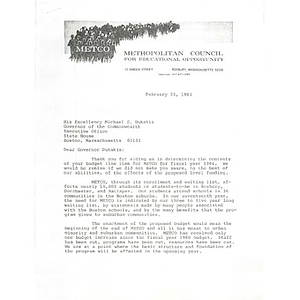 Letter, Gov. Michael Dukakis, February 23, 1983.