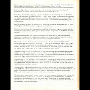The prepared text of Rev. Bradford H. Bryant of the Church of All Nations in Boston, delivered at the State House, Boston, Massachusetts - May 29, 1974.