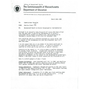 Letter, background report on Boston desegregation implementation.