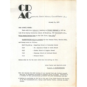 Letter, Community District Advisory Council District I members, January 31, 1978.