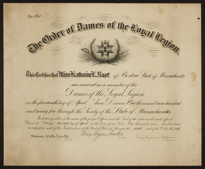 Order of Dames of the Loyal Legian membership certificate