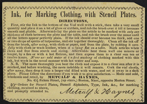 Advertisement for Metcalf & Haynes, stationery, No. 45 1/2 Salem Street, opposite Morton Street, Boston, Mass., undated