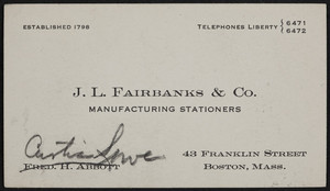 Trade card for J.L. Fairbanks & Co., manufacturing stationers, 43 Franklin Street, Boston, Mass., undated